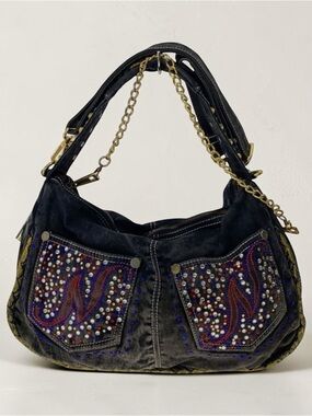 Vintage Y2K Nicole Lee Denim Rhinestone Studded Shoulder Boho Bag Multicolor